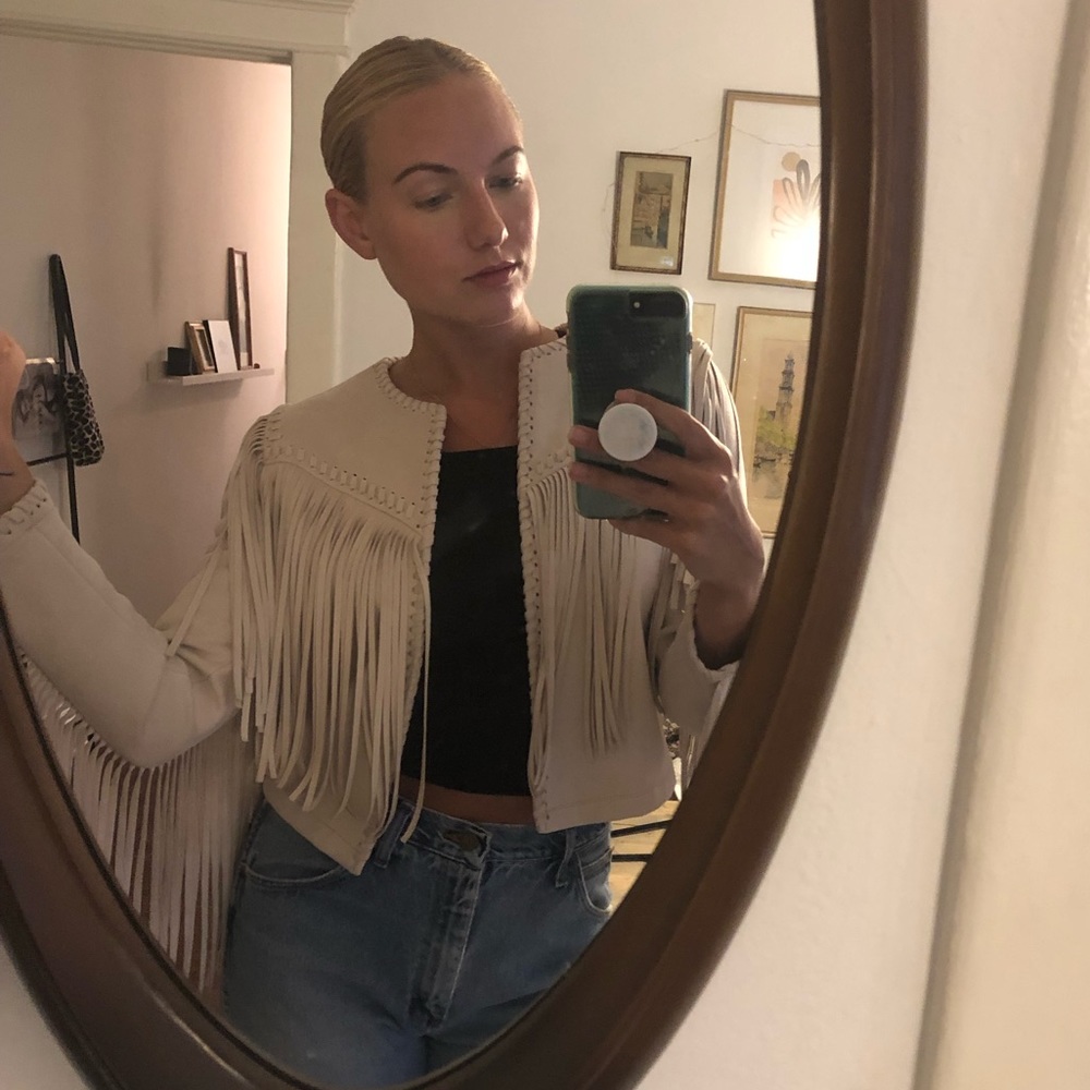 Zara Western faux suede fringe cream tan jacket